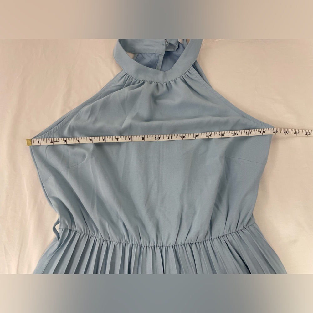 KIRUNDO Light Blue Pleated Midi Dress Halter Neck Sleeveless Flowy A-Line L - Picture 6 of 7